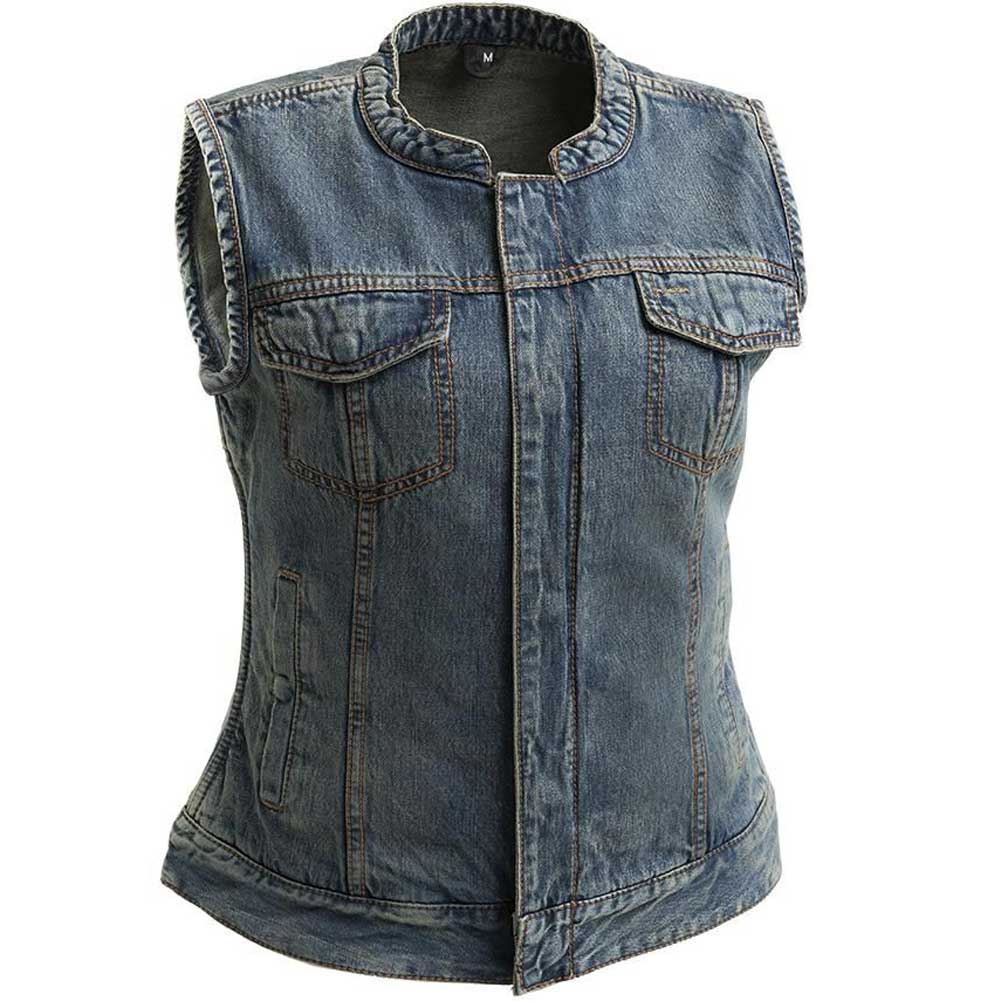 First Mfg Womens Lexy Washed Denim Motorcycle Vest Size SMALL - Final Sale Ships Same Day