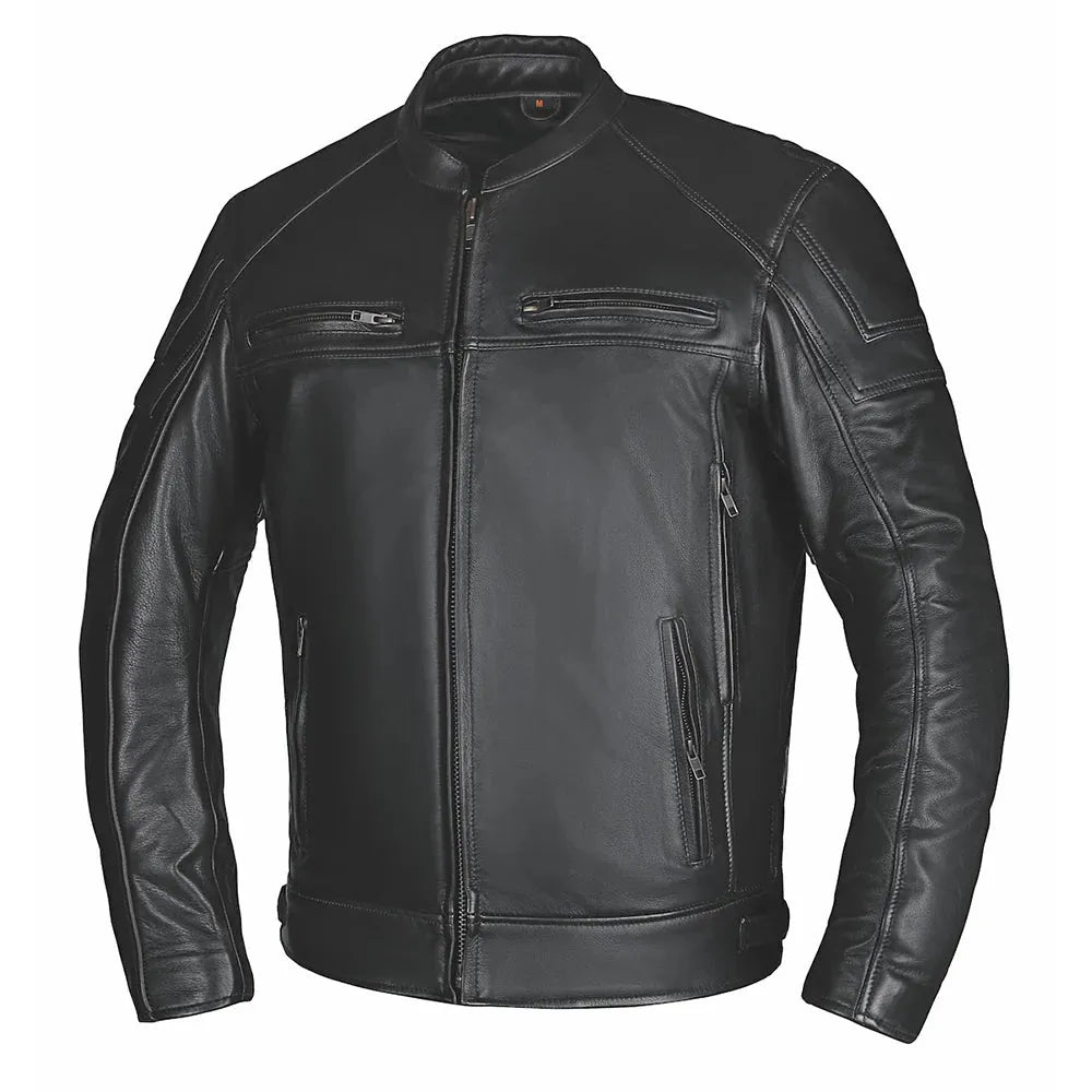 Main product view of Men's Unik leather motorcycle jacket, displayed flat for product detail