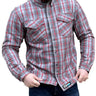 Front view of Bohn Kevlar Men's Flannel Riding Shirt - Red + Grey Plaid, shown on plain studio background
