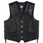 Front view of the Legendary Gunslinger leather motorcycle vest with braided accents, side lacing, and snap buttons