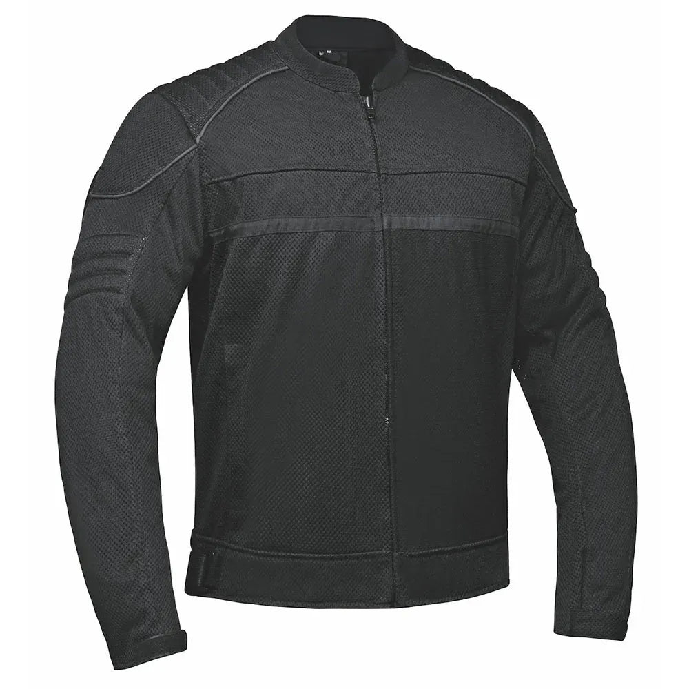 Front view showing men's mesh motorcycle jacket, displayed flat for product detail