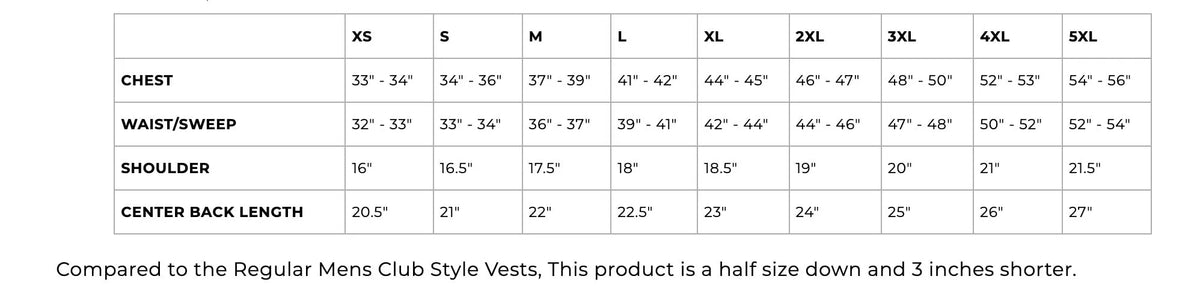 Legacy of Legends 'Cowboy' Black Twill Denim & Dark Chocolate Diamond Stitch Cropped Motorcycle Vest — size chart