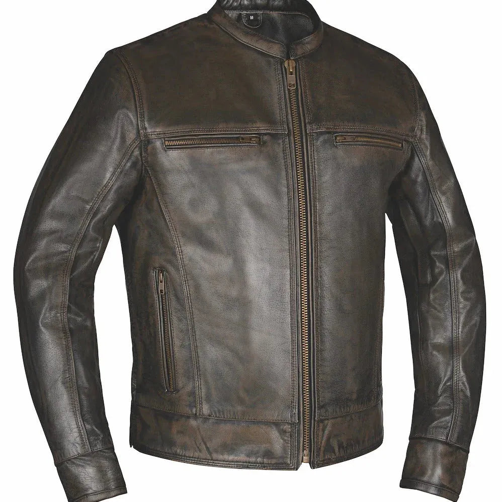 Main view of Unik men's leather motorcycle jacket, displayed flat for product detail