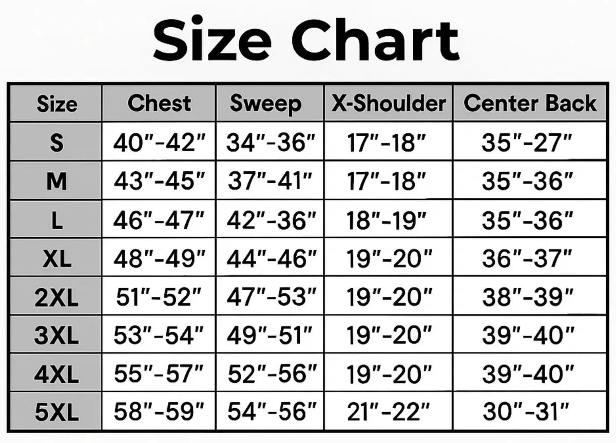 Size chart for the Legendary Midnight Run Genuine Cowhide Leather Riding Shirt with body measurements to help find your fit