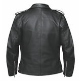 Close-up of Lola women's leather motorcycle jacket, with hardware and stitching visible