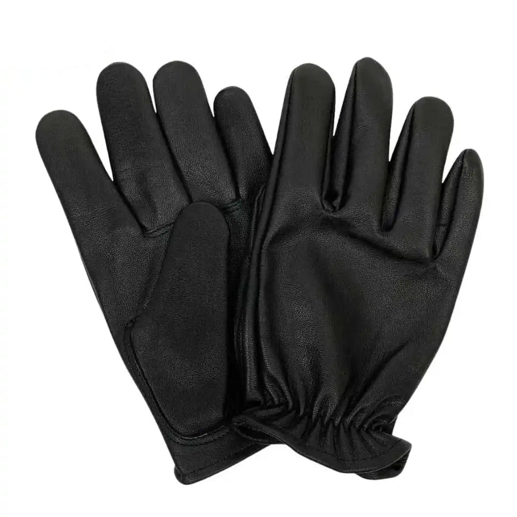 Front view of Legendary short wrist black goatskin gloves, with brand detailing visible