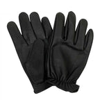 Front view of Legendary short wrist black goatskin gloves, with brand detailing visible