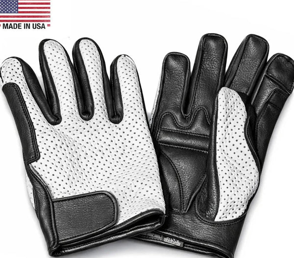 Front view featuring Legendary ventilated white deerskin gloves, displayed flat for product detail