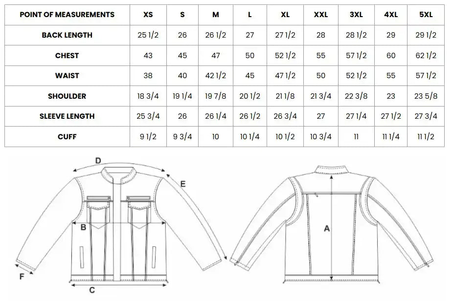 Size chart for the Legendary 'No Mercy' Men's Premium Leather Lightweight Motorcycle Jacket with body measurements to help