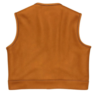 Back view of Legendary LowLife NCP fitted bison leather motorcycle vest in rich tan color, made in USA