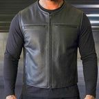Made Model wearing Legendary Beatdown Perforated Leather Cropped Motorcycle Vest Oval-Cut Collar
