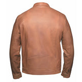 Rear view of Indiana men's leather motorcycle jacket, with hardware and stitching visible