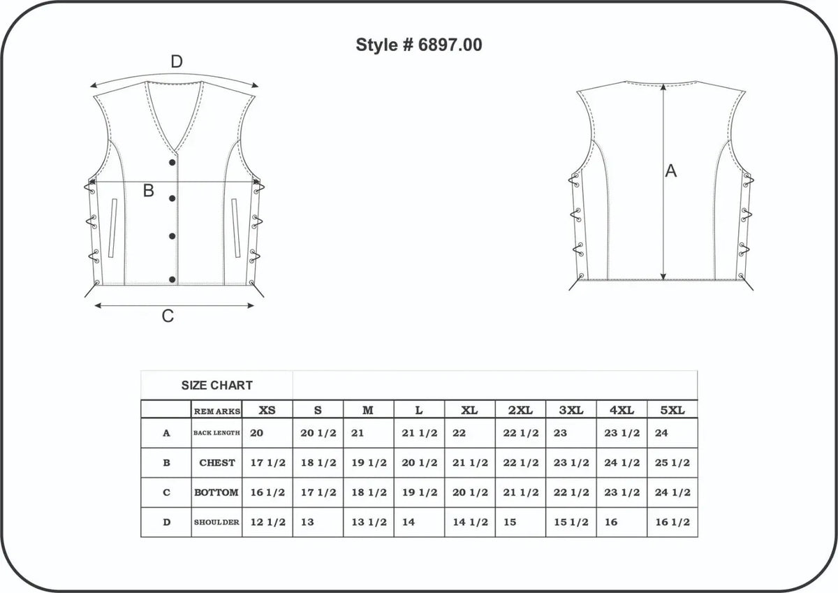 Beth - Ladies Premium Leather Vest — size chart