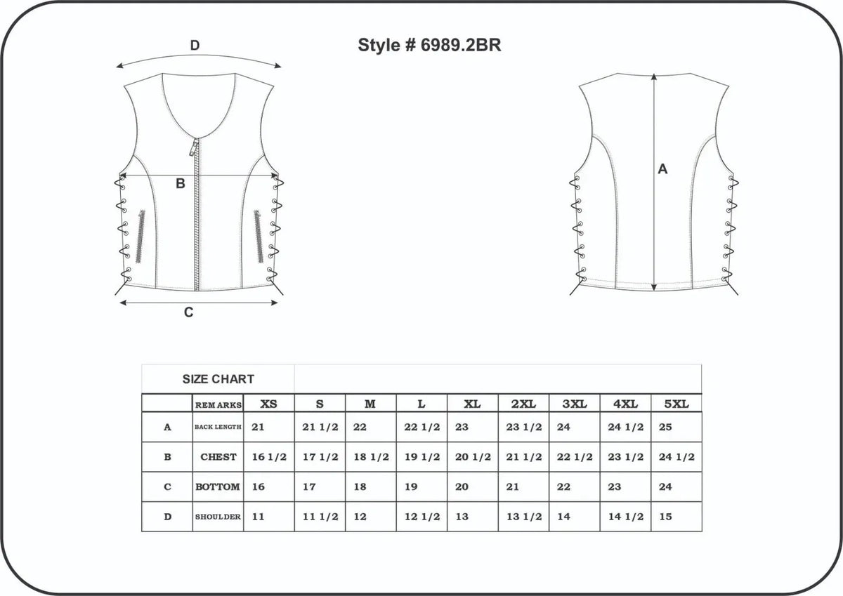 Rustica - Womens Brown Leather Vest — size chart