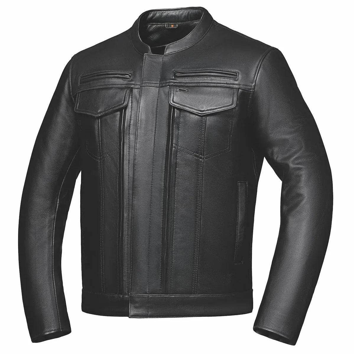 Front view of Men's Unik leather motorcycle jacket, shown on plain studio background