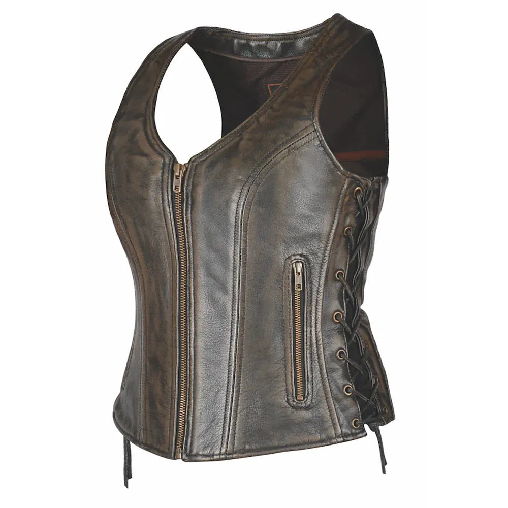 Front-facing view of Rustica - Womens Brown Leather Vest, shown on plain studio background