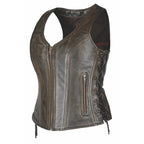 Front-facing view of Rustica - Womens Brown Leather Vest, shown on plain studio background
