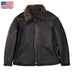 Cockpit USA Black Ops Shearling B-6 Bomber Jacket black front view with shearling collar and Made in USA text