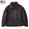 Cockpit USA Black Ops Shearling B-6 Bomber Jacket black front view with shearling collar and Made in USA text