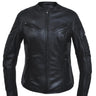Front view featuring Unik women's black leather motorcycle jacket, shown on plain studio background