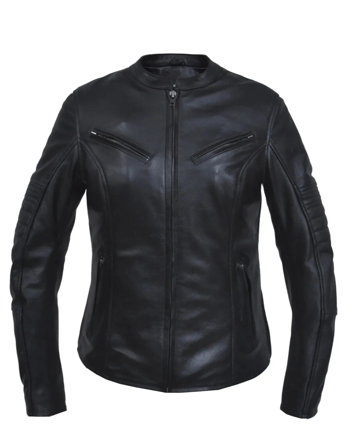 Front view featuring Unik women's black leather motorcycle jacket, shown on plain studio background