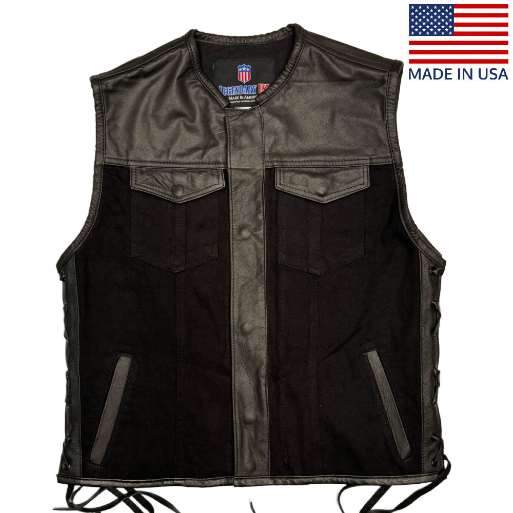 Legendary 'Black Demo' Denim & Leather Cropped Side Braided Club Style Vest