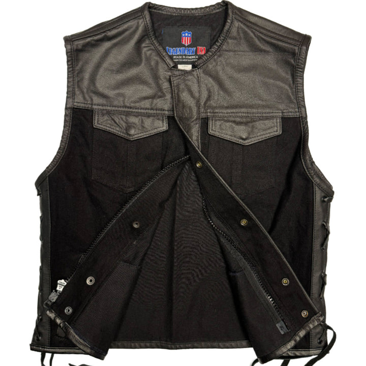 Legendary 'Black Demo' Denim & Leather Cropped Side Braided Club Style Vest
