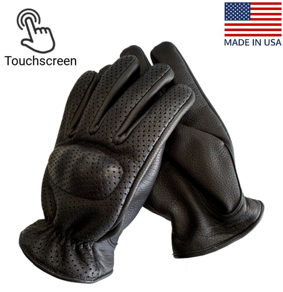 Legendary 'Uppercut' Deerskin Short Wrist Perforarted Knuckle Defense Touchscreen Motorcycle Gloves
