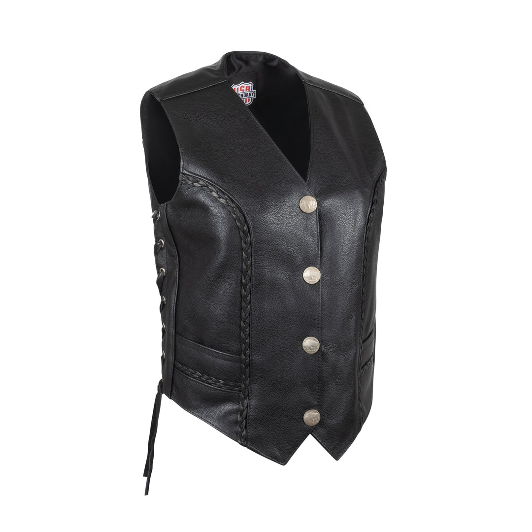 Legendary ‘Vikla_Chikla’ Women’s Leather Braided Motorcycle Vest w/Buffalo Nickel Snaps