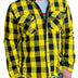 Front view featuring men's flannel yellow shirt, shown on plain studio background