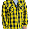 Front view featuring men's flannel yellow shirt, shown on plain studio background