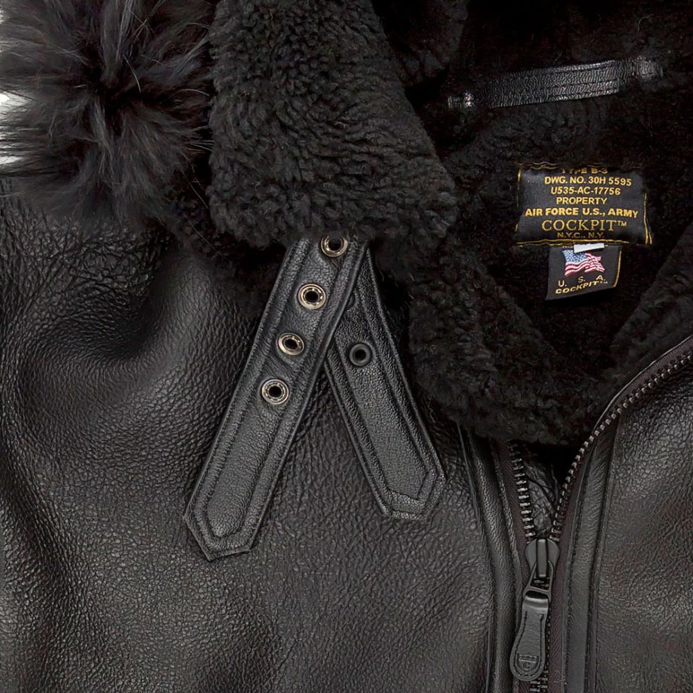 Cockpit USA Black B-3 Hooded Sheepskin Bomber Jacket