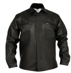 Front view of BECK® 302 Horsehide Riding Shirt in black leather, featuring dual zippered chest pockets and classic collar.