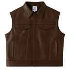Front view of BECK® 501 Trucker Horsehide Vest in Chestnut Brown with dual flap chest pockets and vertical seams.