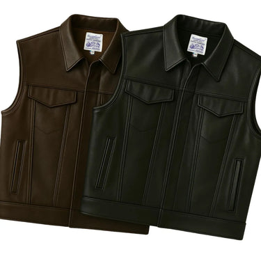 Side-by-side image of BECK® 501 Horsehide Trucker Vests in Black and Chestnut color options, made in the USA.