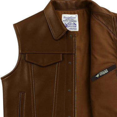 Interior shot of BECK® 501 Chestnut Horsehide Vest highlighting Northeaster label and genuine horsehide patch.