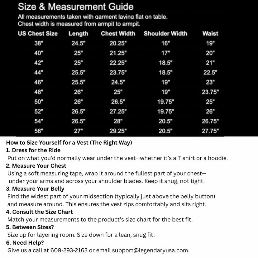 Size chart for the BECK® 501 Trucker Horsehide Vest — Chestnut Brown with body measurements to help find your fit