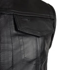 Close-up of front snap pocket on BECK® 566 black vest showing leather texture and stitching detail