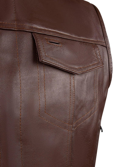 Close-up detail of snap flap pocket on BECK® 566 brown horsehide vest showcasing leather texture and stitching