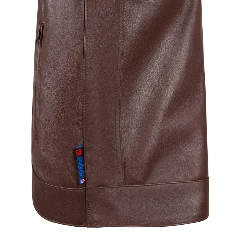 Side view of BECK® 566 brown vest showing Legendary USA woven label on genuine horsehide leather