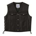 Front view of BECK® Northeaster Flying Togs 588 black horsehide motorcycle vest with snap buttons and side lacing, made in the USA