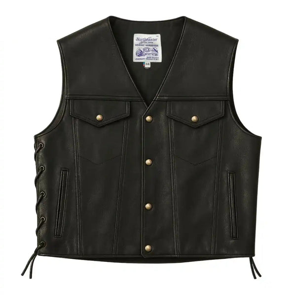 Front view of BECK® Northeaster Flying Togs 588 black horsehide motorcycle vest with snap buttons and side lacing, made in the USA