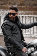 Rear view of BECK distressed horsehide leather motorcycle jacket, with hardware and stitching visible