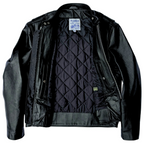 Alternate angle of BECK black horsehide motorcycle jacket, with closer view of trim and finish