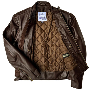Open view of BECK® 732 Brown Horsehide Jacket showing quilted lining and inside label