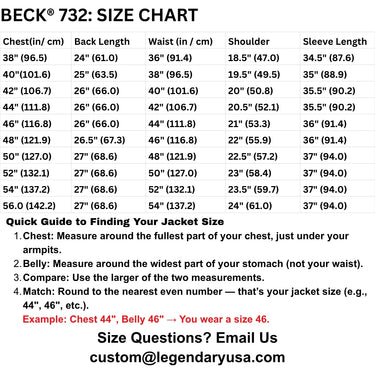 Size chart for BECK® 732 Horsehide Jacket with chest, waist, shoulder, and sleeve measurements