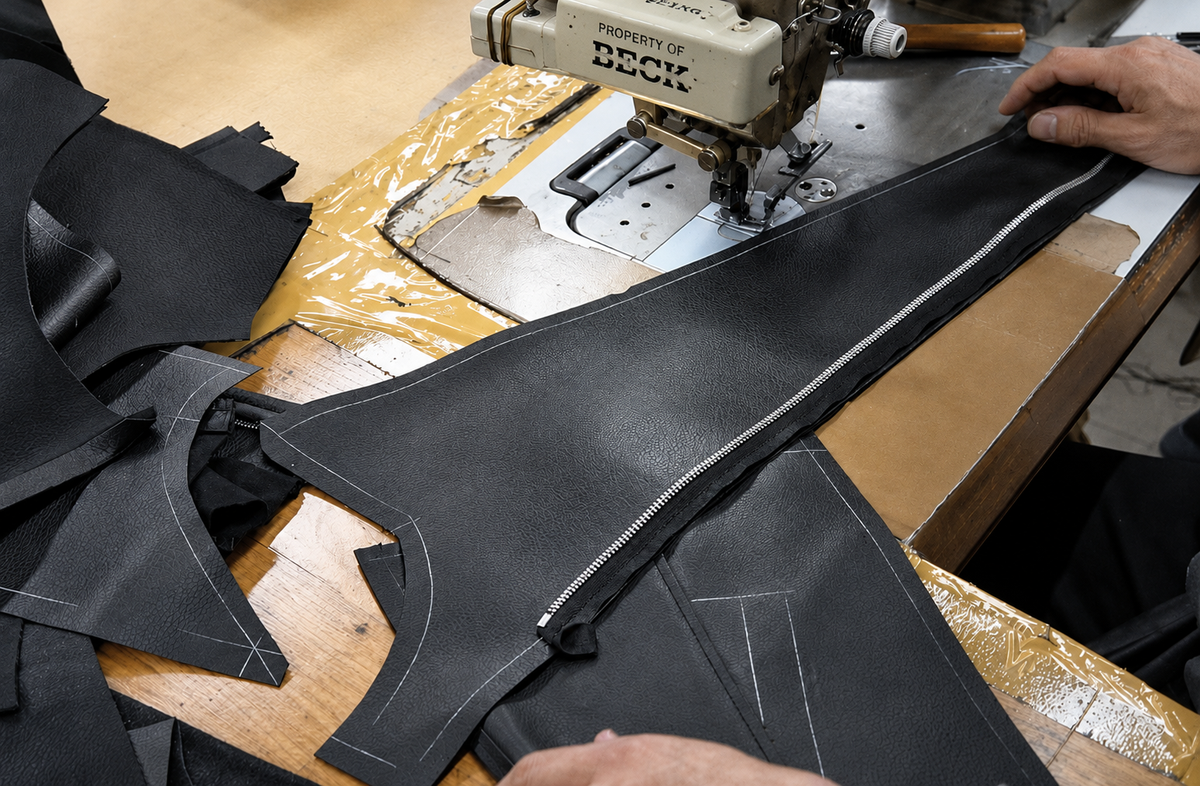 Double-needle seams, matched by grain direction
