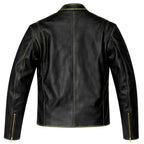 Construction detail of BECK distressed horsehide leather motorcycle jacket, highlighting stitching and material grain