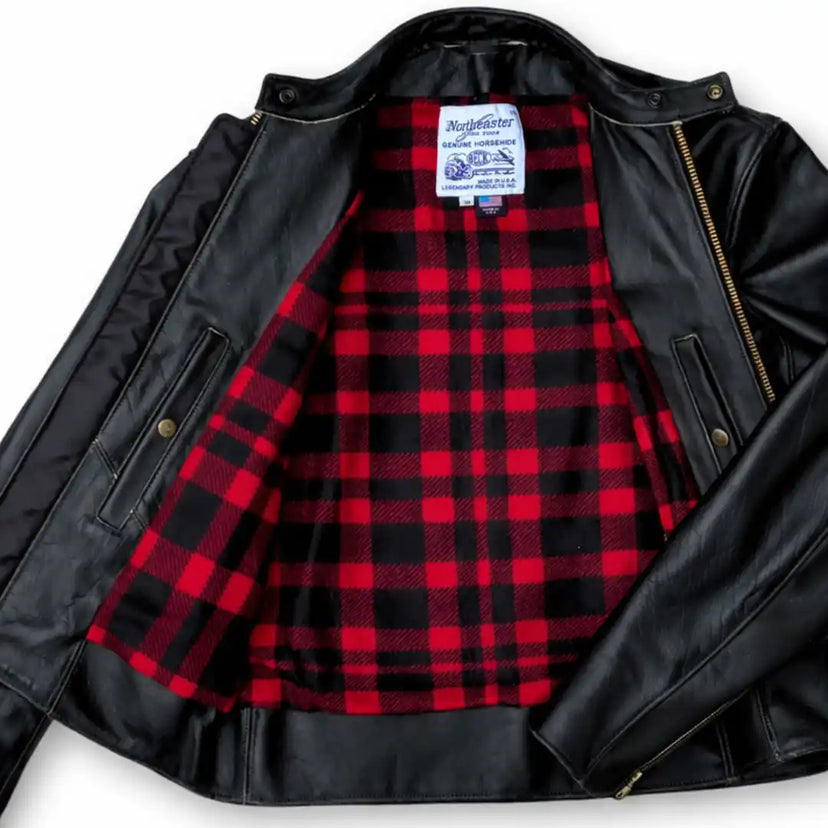 Rear view of BECK distressed horsehide leather motorcycle jacket, showing rear panel detail