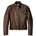 Front view of BECK brown horsehide motorcycle jacket, with brand detailing visible